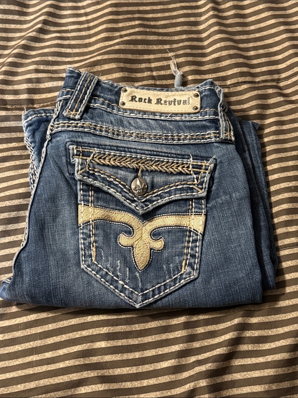 Rock Revival Women's Blue Denim Bootcut Jeans with Cream Embroidery